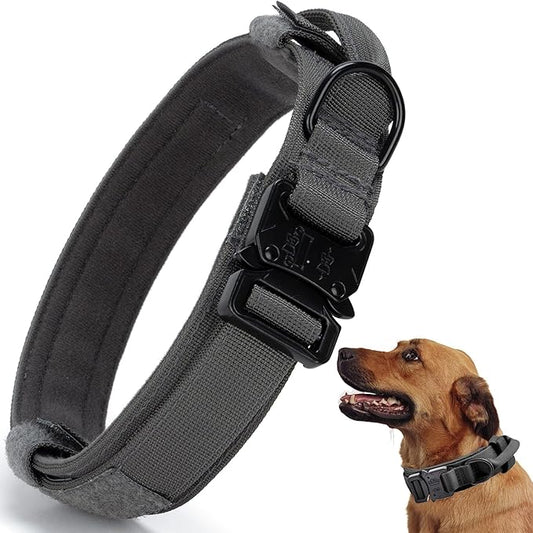 Tactical Dog Collar, Adjustable Military Training Nylon Dog Collar with Control Handle and Heavy Quick-Release Metal Buckle for Small Medium Large Dogs, Grey M