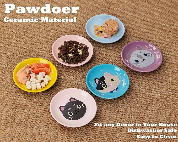 Ceramic Shallow Cat Dish 6 inch, Whisker Fatigue Free Cat Food Bowls, Wide and Small Pet Plate for Kitten and Kitty, Cat Design Gift for Cat Lovers