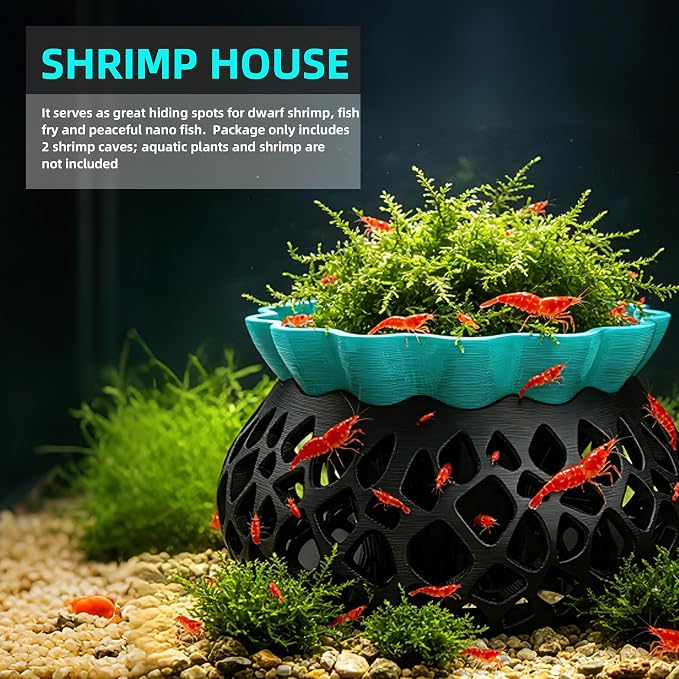 2-Pack Round Shrimp Cave, Plant Mountable Aquarium Hide | Sturdy PLA shrimp cave for moss & fern aquascapes; multi-position mount, aquarium safe for Neocaridina, Cherry & Dwarf Shrimp