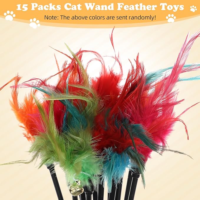 Leitee 15 Pcs Cat Wand Toy Feather Stick Cat Toy Bulk Feather Toys and Teaser Wand Bulk Interactive Stick for Indoor (Bright Color)