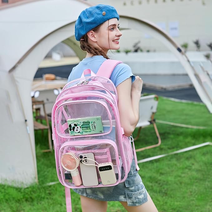 abshoo Large Heavy Duty Girls Clear Backpack for School Bookbag Transparent Multi Pocket Backpacks for Women (Pink)