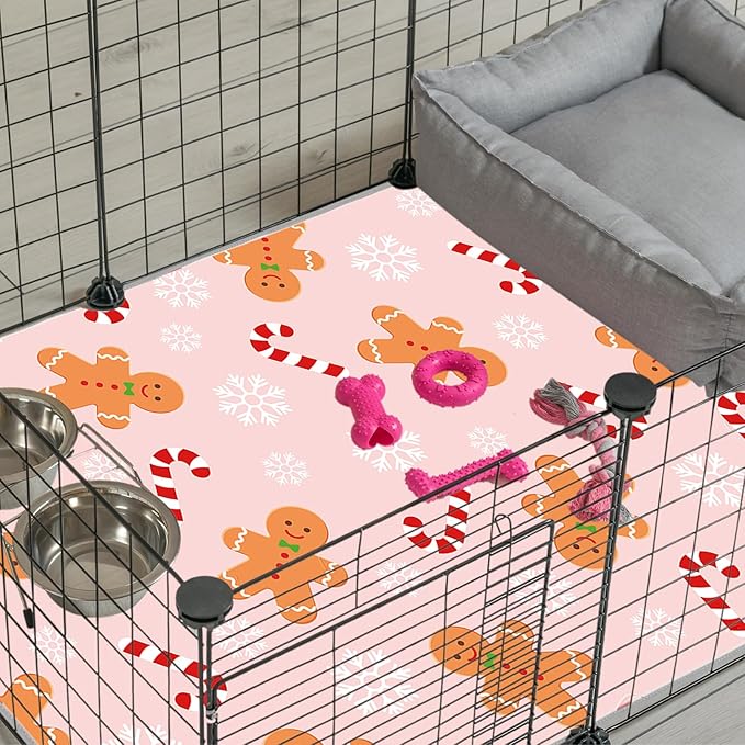 JarThenaAMCS 3 Pcs Christmas Guinea Pig Pee Pads Reusable Bunny Squirrel Mat Pink Candy Cane Gingerbread Man Washable Small Animal Cage Liner for Hamster Chinchilla Ferret Accessory, 24 x 47 in