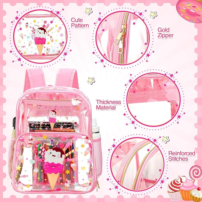 Kacctyen 3 Pcs Clear Backpack Heavy Duty Clear Stadium Bag Transparent Backpack with Lunch Bag(Pink,Ice Cream)