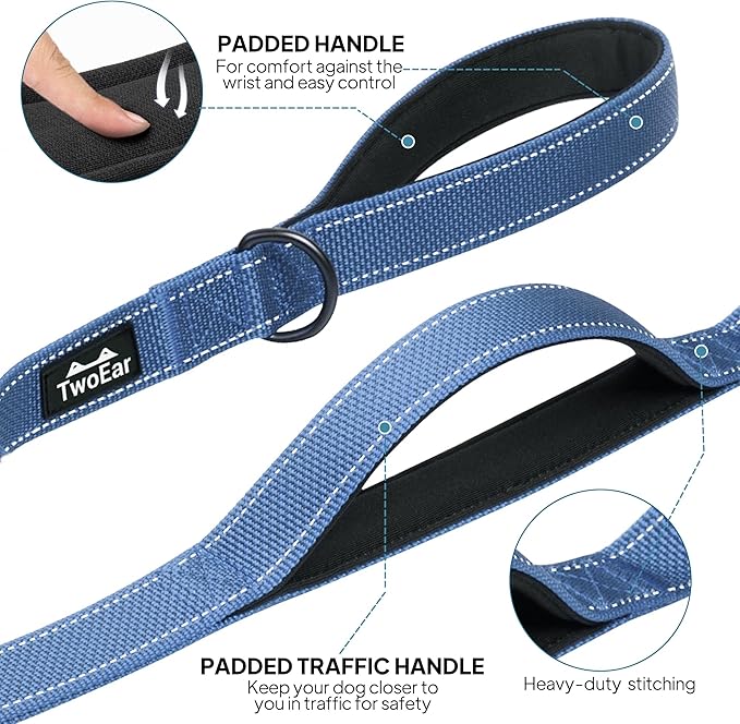TwoEar 5FT 1IN Strong Dark Blue Dog Leash with 2 Padded Handles, Traffic Handle Extra Control, Comfortable Soft Dual Handle, Auto Lock Hook, Reflective Walking Lead for Small Medium and Large Dogs