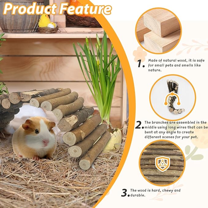 Hamiledyi Wooden Hamster Bridge Ladder 13.4" L x 7.5" W Large Climbing Toy Natural Hideout Tunnel Ramp Hamster Cage Accessories for Rabbits Guinea Pigs Ferret Tortoise Reptile (Pack of 2)