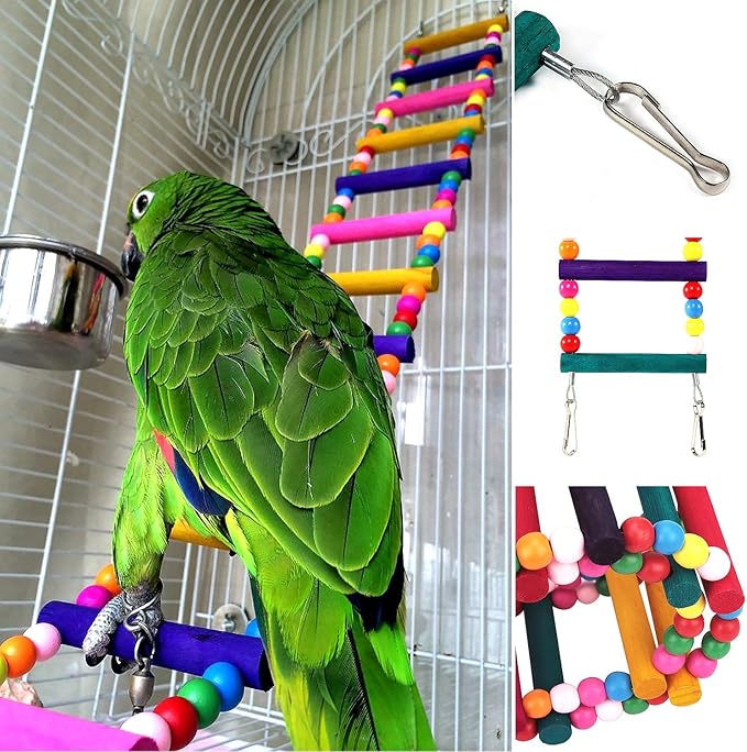 Parrot Ladder Bird Ladder Wooden Toys Swing Chewing 32 Inch Toys Hanging Pet Bird Cage Accessories Toy for Medium Parrots Small Parakeets Cockatiels, Lovebirds, Conures, Macaws, Lovebirds, Finches