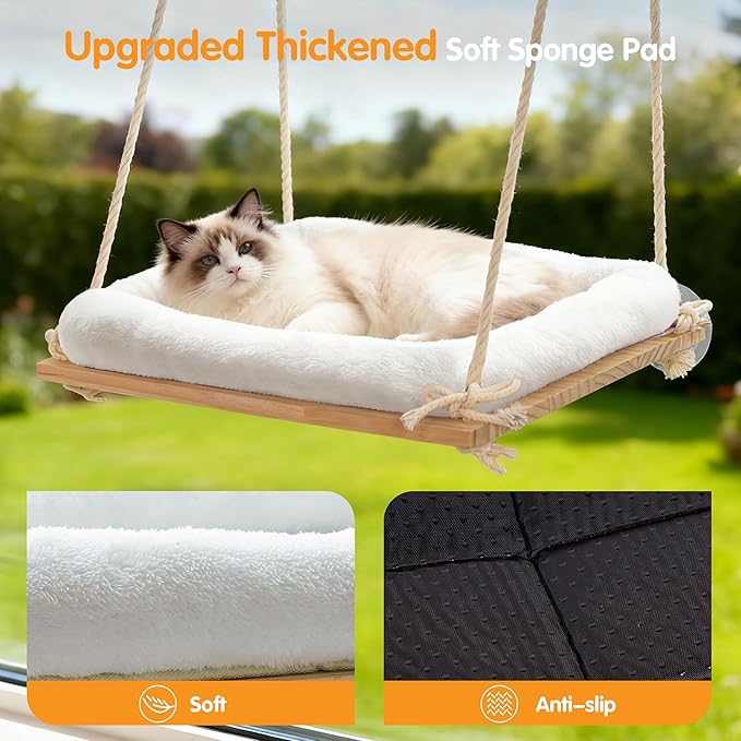 Cat Window Perch, Cat Hammock Bed with Solid Wood Seat 4 Heavy Duty Suction Cups, Plush Cushion, Indoor Pet Window Hammock for Cats for Large Cats