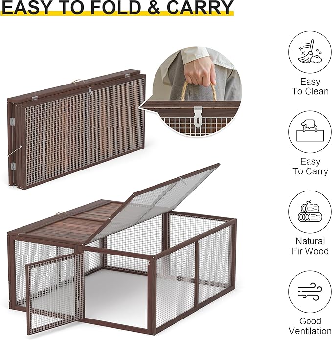 Chicken Coop, Wooden Rabbit Hutch Outdoor Indoor Folding Bunny Cage with Handle Portable Chicken Run with Top & Side Opening Doors Small Animal Playpen No Assembly Pet Poultry Cage for Bunny(Brown)
