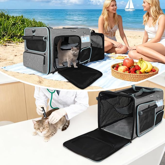 Petskd Side Expandable Extra Large Cat Car Carrier with Collapsible Litter Box for Long Distance Travel,24"x17"x17" Portable Soft Sided Pet Carrier with Roller Shades for 2 Cats Up to 55LBS(Grey)