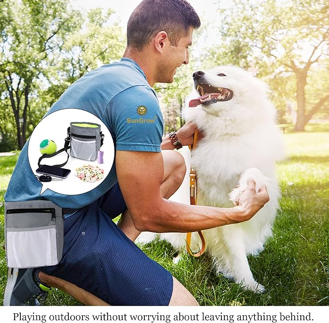SunGrow Dog Travel Pouch, Training Bag for Treats, Kibbles, Toys & Accessories, Gray, Multiwear and Weather-Proof, 1 Pouch with Adjustable Shoulder Strap and Waist Belt