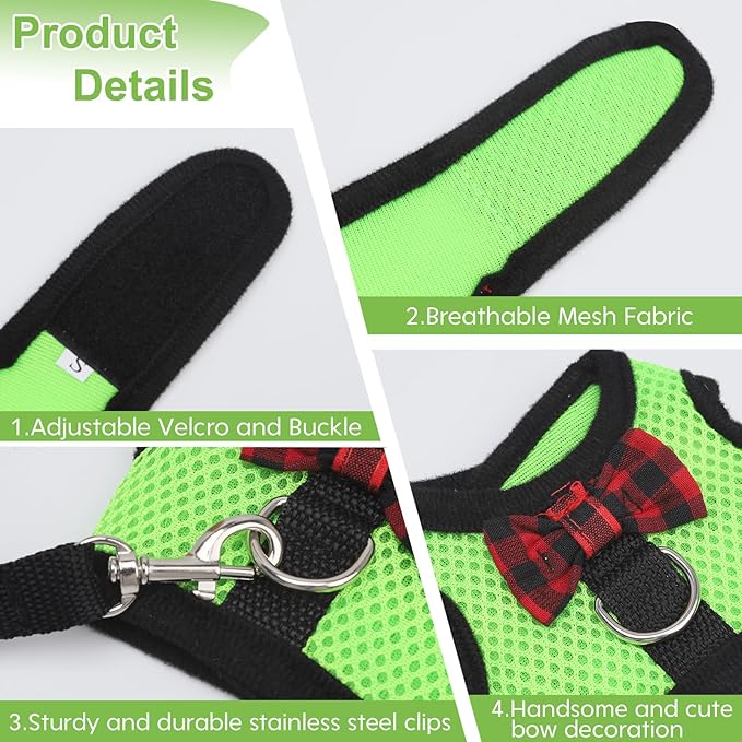 Guinea Pig Harness and Leash，2packs Guinea Pig Clothes Baby Ferret Rats Hamster Soft Mesh Harness Leash for Decoration，Hamster Harness can be Adjusted to Any Size. (Black + Green)