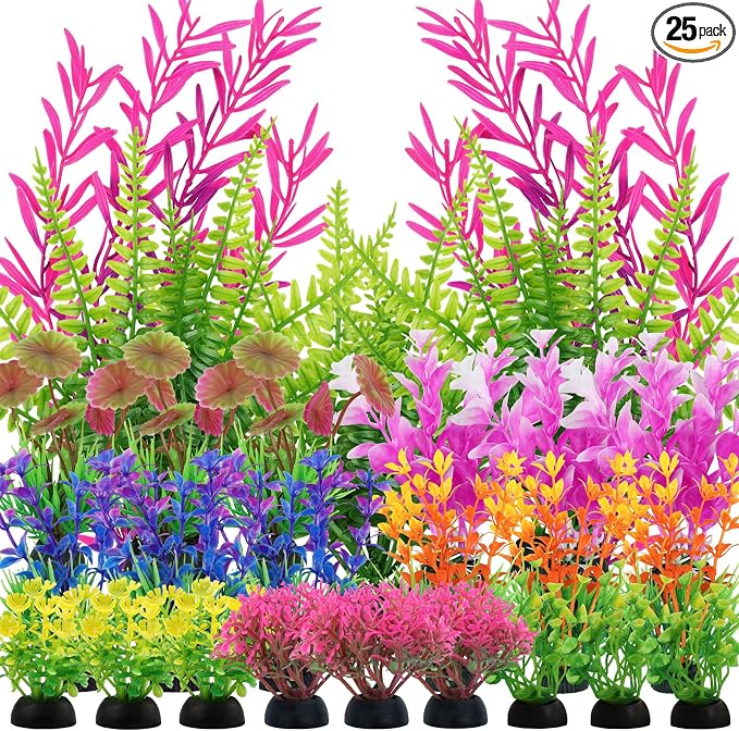 QUOZUO 25 Pack Aquarium Plants, Fish Tank Decor Colorful Plants Artificial Aquarium Decorations for Household and Office Aquarium Simulation, Small to Large