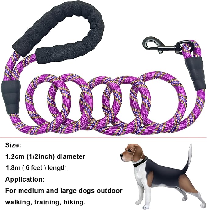 MayPaw Heavy Duty Rope Dog Leash, 3/4/5/6/7/8/10/12/15 FT Nylon Pet Leash, Soft Padded Handle Thick Lead Leashes for Large Medium Dogs (Purple, 1/2" * 8')