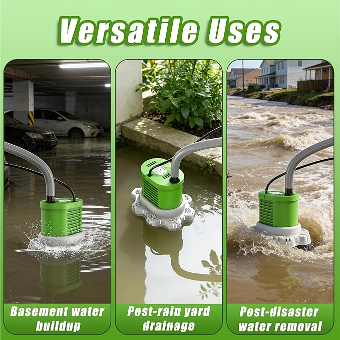 AgiiMan Pool Cover Pump Above Ground - 850 GPH Submersible Water Pump for Pool Draining, Portable Small Sump Pumps with 16' Drainage Hose and 25' Power Cord, 3 Adapters, Green