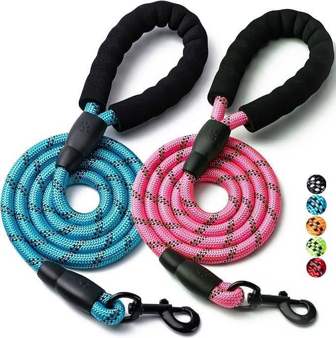 2 Pack Dog Leash, 4/5//6 FT Heavy Duty Nylon Rope Pet Leashes with Comfortable Padded Handle, Reflective Dog Leashes for Small Medium and Large Dogs (6FT-1/2,Blue/Pink)
