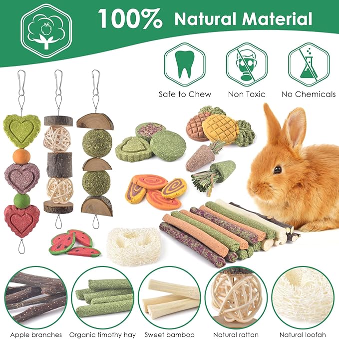 KATUMO Rabbit Chew Toys with 3 Types of Strung Hanging Toys, Natural Bunny Teeth Care Chew Kit Apple Wood Sweet Bamboo Grass Timothy Sticks for Guinea Pig, Hamster, Chinchilla, Small Animals