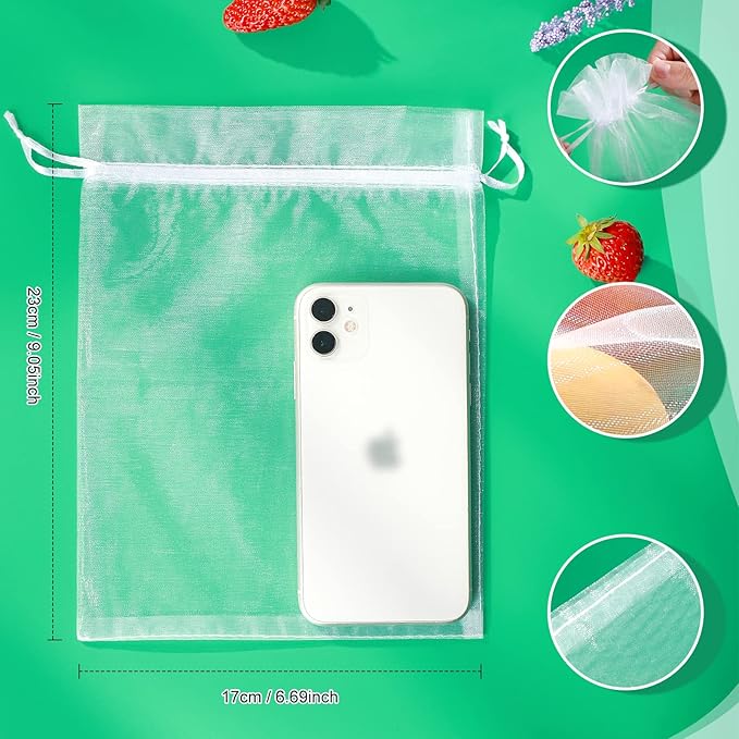 50 Pcs White Fruit Netting Bags - 6x9" Mesh Bags with Drawstring for Grapes, Mango, Veggies
