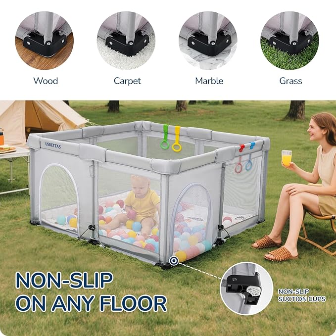 Foldable Baby Playpen, 1-Minute Setup, Lightweight Portable Playpen with Carry Bag, 50"x50" Indoor Outdoor Safty Play Yard for Babies & Toddlers, Light Gray