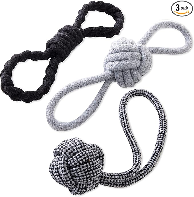 HonestBaby 3-Pack Rope Pull Toys Durable Organic Cotton for Pets, Black/Gray, One Size