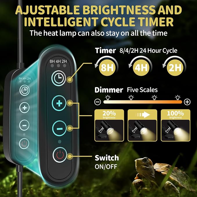 GOZILLA Reptile Heat Lamp, Turtle Lamp with 360°Rotatable Timing & Dimming Cycle Timer, 25W+50W UVA/UVB Reptile Light Bulbs for Reptile and Amphibian Tanks, Terrariums and Cages.(Black)
