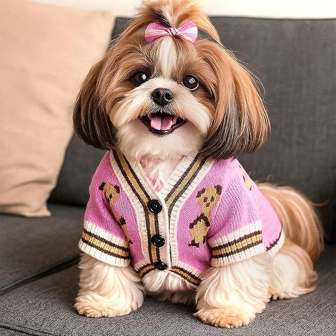 ABRRLO Small Dog Sweaters Cute Bear Dog Cardigans Clothes for Small Medium Dogs Boy Girl Puppy Cat Knitting Cardigan Outfits Dogs Winter Coats Warm Pet Doggy Clothes Soft Knitwear (Pink, Medium)