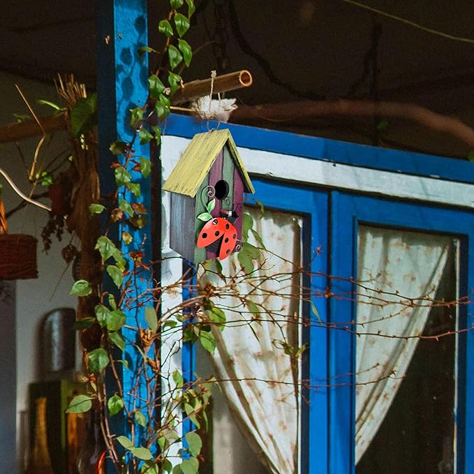 Wood Bird Houses for Outside, Hanging Bluebird House Nest Box Garden Patio Outdoor Decorative Bird Houses Vintage Rustic Wooden Birdhouse Bird Box Home for Finch Wren Chickadee Cardinals (Ladybug)