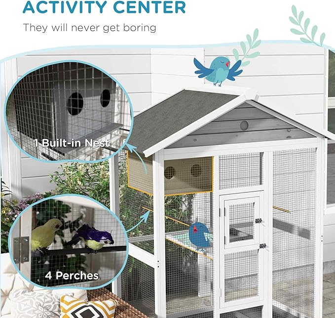 PawHut 64.5" Wooden Bird Cage Aviary, Flight Cage with 4 Perches, Nest and Slide-Out Tray for Indoor/Outdoor, Gray