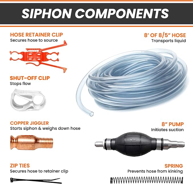 Deluxe Siphon Pump for Gas, Diesel & Water - 8' Hose, 4 Gls/Min