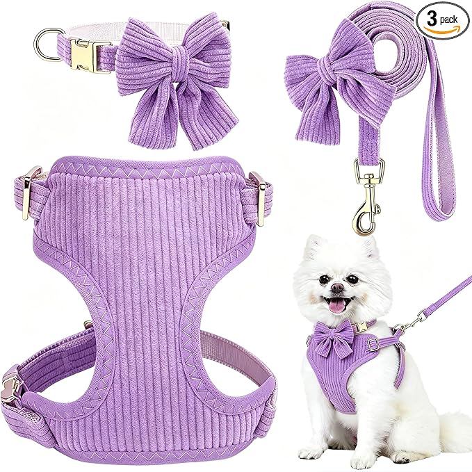 Small Dog Collar Harness and Leash Set with Bowtie, Adjustable Dog Harness Collar and Leash Set with Secure Metal Buckle, Breathable Cotton Adjustable Pet Puppy Harness, Easy Walk Harness, M(16-21")