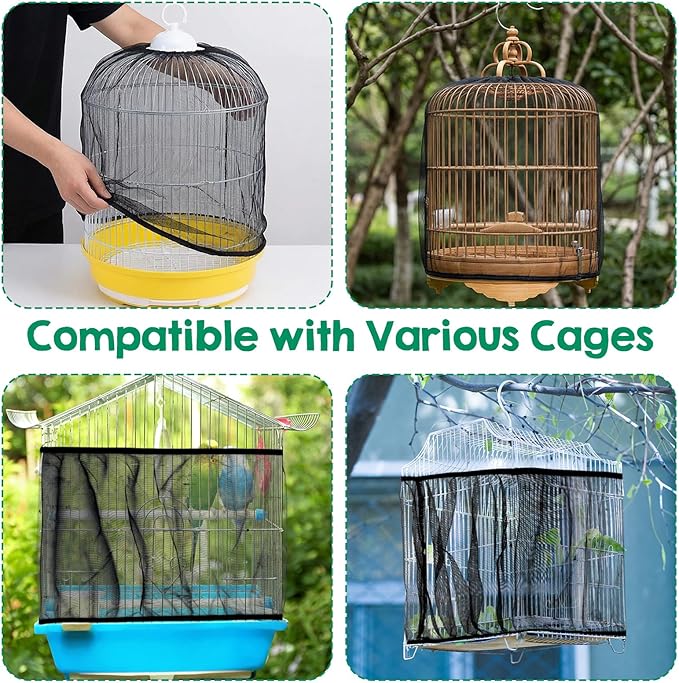 2Pcs Bird Cage Seed Catcher, Adjustable White Bird Cage Net Birdcage Cover Skirt Nylon Mesh Netting, Stretchy Birds Cages Guard for Parrot Parakeet Macaw African Any Cages Cover