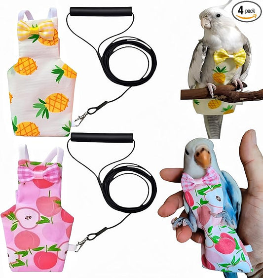 2Pcs Bird Diapers Bird Harness Flight Suits Diapers with 2Pcs 80 Inch Flying Leash Parrot Nappy Pigeon Pants Urine Wet Suit for Cockatiel Conure Macaw Budgies Parakeet-Apple&Pineapple