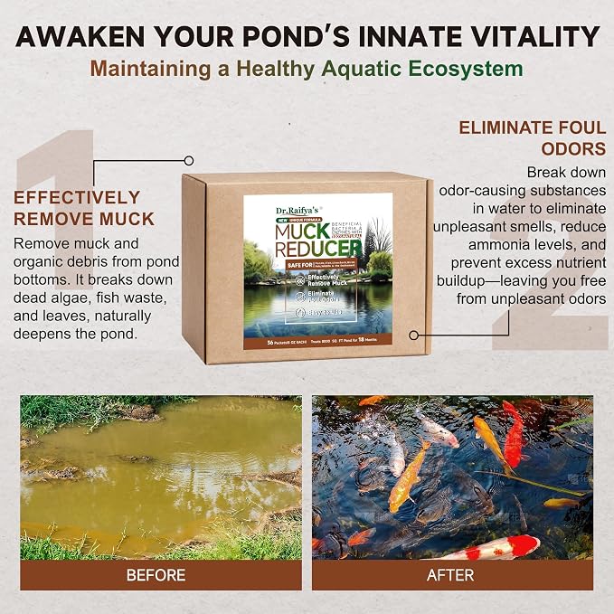 Dr.Raifya’s Muck Reducer 18 LB–Natural Pond Sludge & Odor Treatment, All-in-One Enhanced Cleaning Power in Ponds & Lakes, Beneficial Bacteria Safe for Fish, Pets & Wildlife, Treats Up to 144,000 Sq Ft