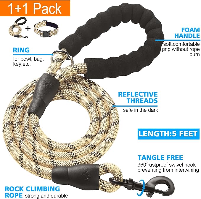 Ladoogo Reflective Dog Collar Padded with Soft Neoprene Breathable Adjustable Nylon Dog Collars for Small Medium Large Dogs (Large (Pack of 1), Vanilla Plaid Collar+Leash)