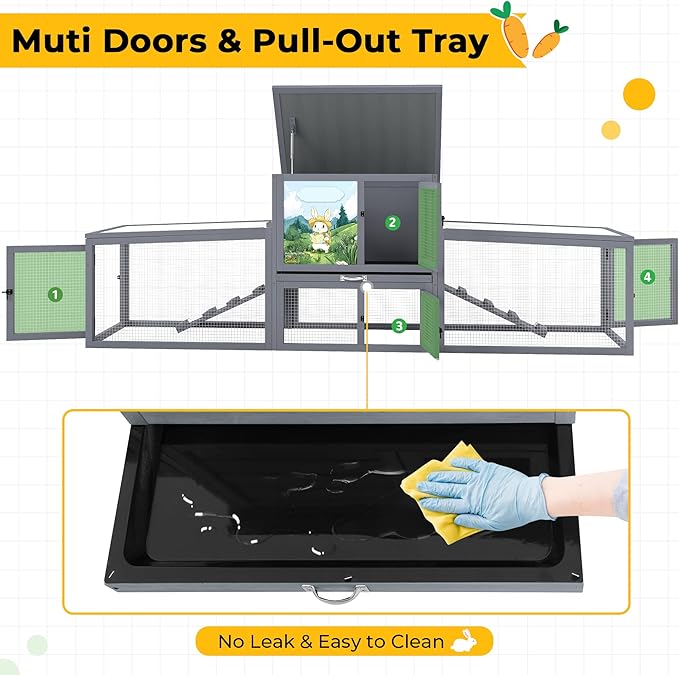 COZIWOW 95inches Extra Large Wood Rabbit Hutch Outdoor Easy to Assemble and Stable Bunny Cage Indoor with Cleaning Tray & Waterproof Roof for Small and Medium Bunny Rabbit Chick（Grey with Pattern）
