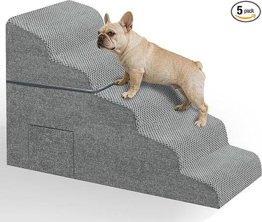 Dog Stairs for Bed, 22.8" H 5-Step Dog Steps for High Bed & Car, Non-Slip Stable Pet Stairs for Small Dogs, Gentle Climb Design, Foldable Pet Steps that Double as Cozy Pet Bed for Resting