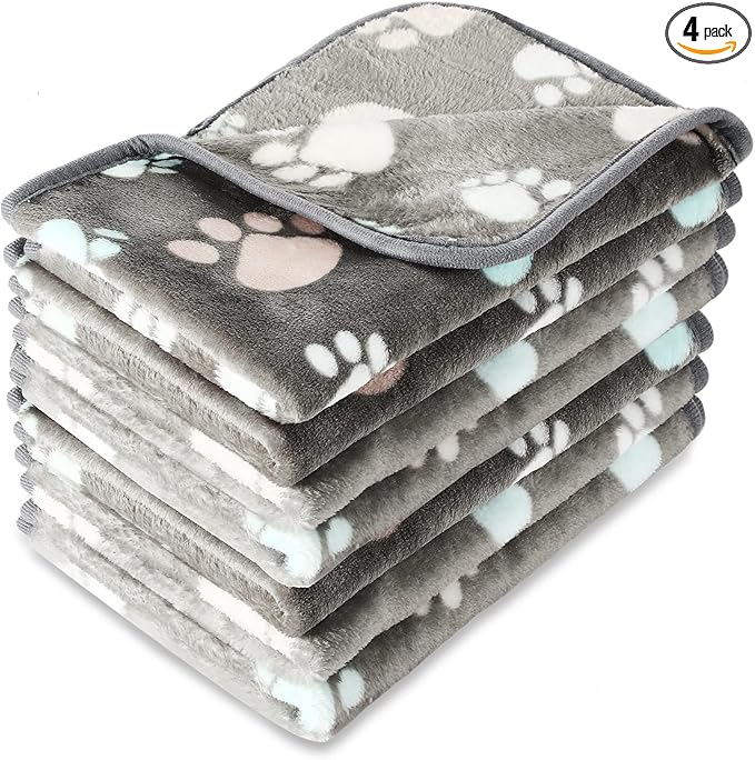 Tatuo 4 Pack Fleece Dog Blankets for Puppy Cats Multi-Size Sleep Mat for Pet Guinea Pig Soft Washable Warm Crate Bed Puppy Teething Toys Print Pattern Blanket Indoor(Dark Gray,24 x 16 Inch,Paw)