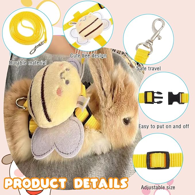 4 Sets Leash Set Small Pet Cute Vest Harness Leash and Adjustable Bunny Rabbit Harness with Decoration for Bunny Ferret Small Pets(Bees)