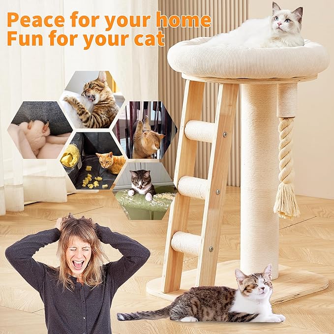 Modern Cat Tree Small Tower with Scratching Post for Indoor, Solid Wood Multifunctional Corner Cat Tree Tower with Bed