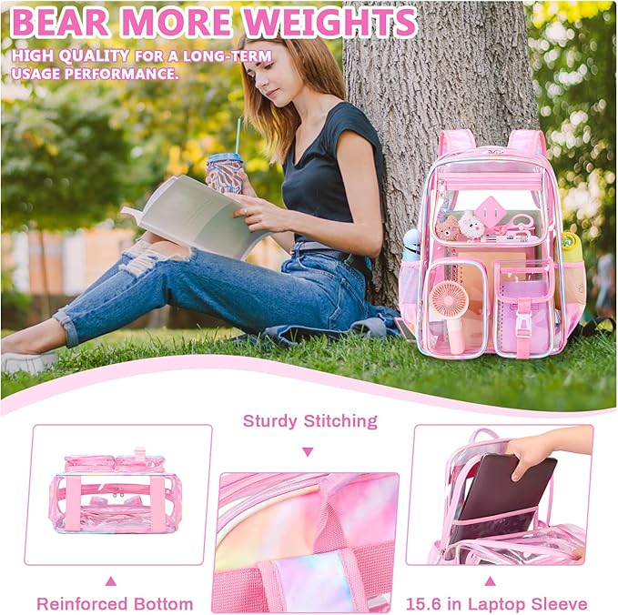 PIG PIG GIRL Clear Backpack for School,Heavy Duty PVC Transparent Bookbag for Girls Stadium Approved See Through Backpack