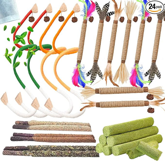 Cat Toys 24Pack Cats Grass Treat Catnip Toy with Silvervine for Indoor Kitten Toys Wood Kitty Chew Rope Grass Sticks for Teeth Cleaning Kitten Snack for Catnip Dental Care Self Play