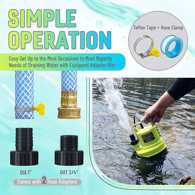 1/3 HP Submersible Water Pump 2000 GPH Portable Small Sump Pump For Pool Cover, Basements, Puddles, Gardens Ponds With 16.4 Ft Power Cord and Hose Adapters, Lemon Yellow