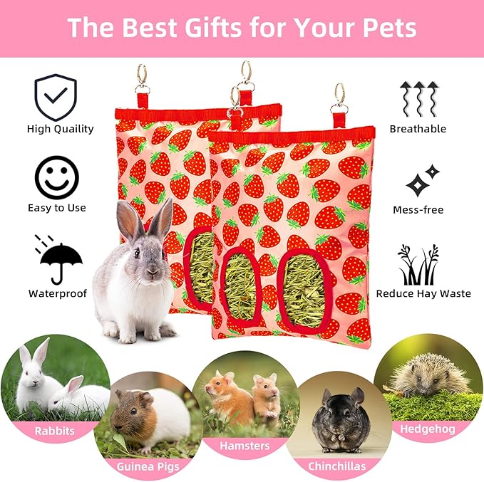 2Packs Large Rabbit Hay Feeder Bag, Upgraded Guinea Pig Hay Feeder with 3 Hooks, Chew Proof Washable Hay Bag for Rabbits Bunny Chinchilla Hamster, Mess Free Grass Holder 2 Holes, 9.8x11.4 Inch