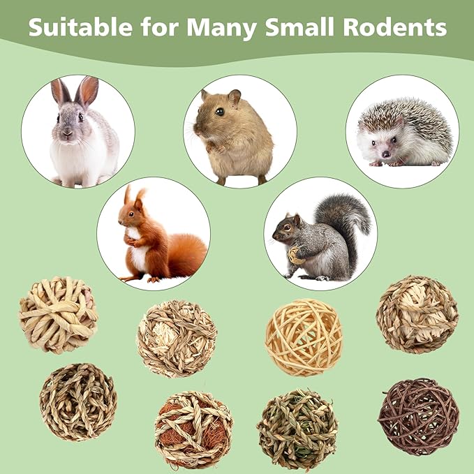 VESPRO Bunny Chew Grass Balls, Rolling Chew Toys for Small Animals, Natural Chew Grass Toys and Bunny Treats for Rabbits, Guinea Pigs, Chinchillas, Hamsters, Mice Teeth Grinding (8 Pcs)