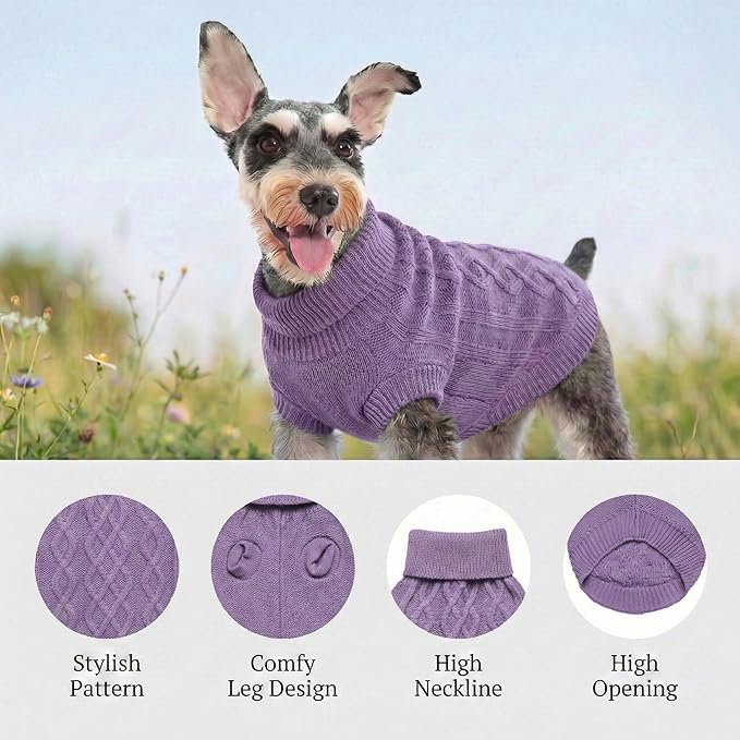 Dog Pullover Colthes, Cable Knitwear, Classic Turtleneck Warm and Soft Clothes for Chihuahua, Bulldog, Dachshund, Pug, Yorkie, Dog Outfits for Small Medium Dogs, (Purple M)