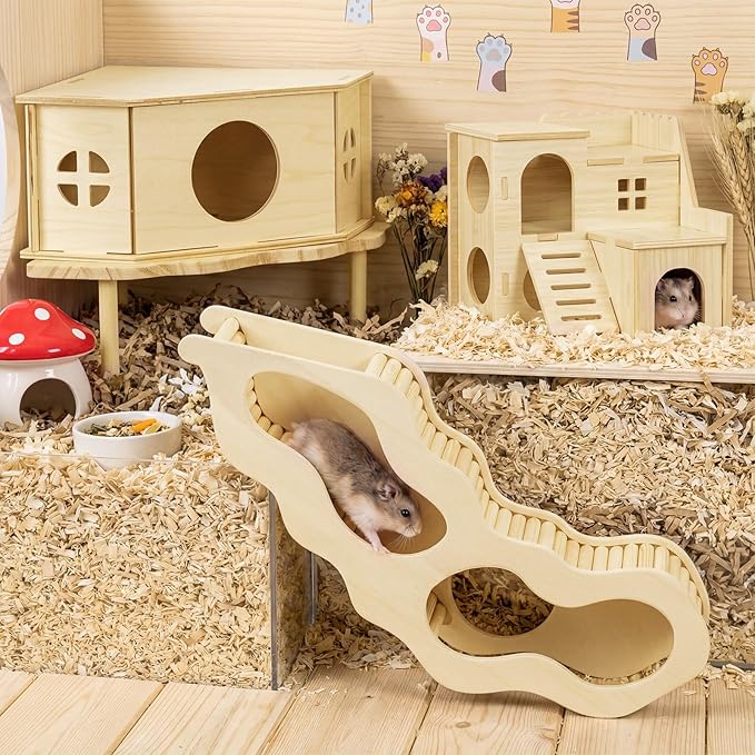 BreezeHug 4 Pcs Hamster Platform Hideout Wooden Tunnel Ladder Playhouse Hamster Game Climbing Toy with Platform Cage Accessories for Pets Dwarf Syrian Mice Degus Gerbils Squirrel(Spy Villa)
