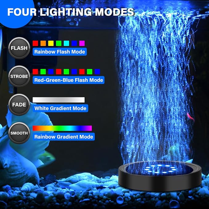 fishkeeper Aquarium Air Bubble Light, LED Fish Tank Bubbler Stone Disk | 11 Super Bright Lamp Beads, 16 Colors, 4 Modes, 7 Brightness Adjustable for Fish Tank Decoration, IP68 Waterproof