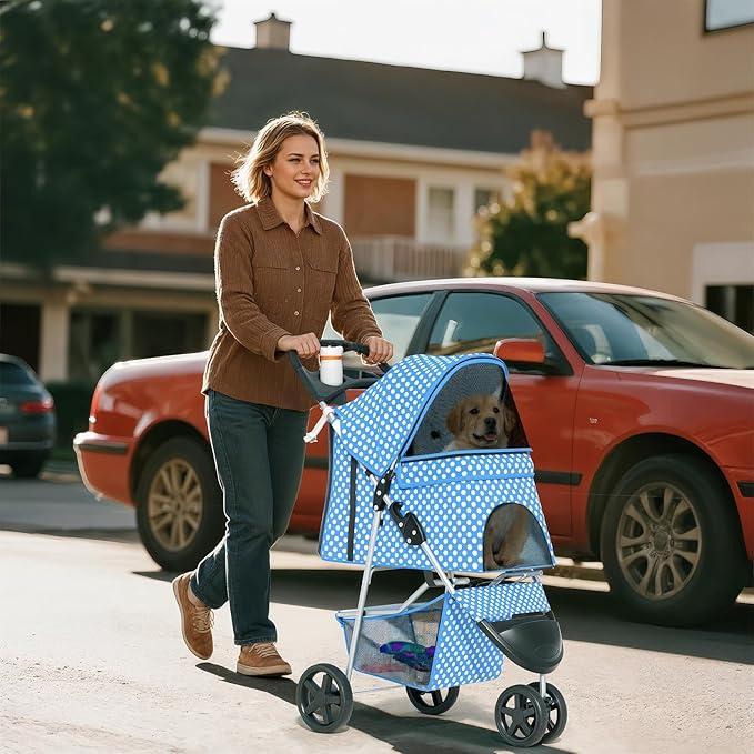 Pet Stroller for Small Dogs 10 lbs, Dog Stroller for Medium Dogs 30 lbs, Cat Strollers for 2 Cats, 3 Wheels Foldable Jogger Puppy Stroller with Storage Basket and Cup Holder, Blue Polka Dots