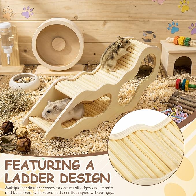 BreezeHug 4 Pcs Hamster Platform Hideout Wooden Tunnel Ladder Playhouse Hamster Game Climbing Toy with Platform Cage Accessories for Pets Dwarf Syrian Mice Degus Gerbils Squirrel(Spy Villa)