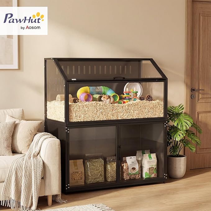 PawHut Hamster Cage with Storage Cabinet, Small Animal Cage with Openable Top and Easy-View Acrylic Panels, Large Guinea Pig Habitat for Rat, Hedgehog and Gerbil, 41" x 16" x 40" H, Black