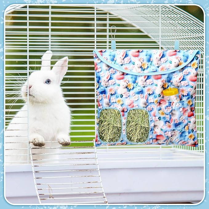 UPINS 2 Pack Hay Bag for Rabbits 2-Hole Hanging Hay Feeder Guinea Pig Hay Bags, Hay Feeder for Rabbits Chinchillas Hamsters Small Pets and Animals